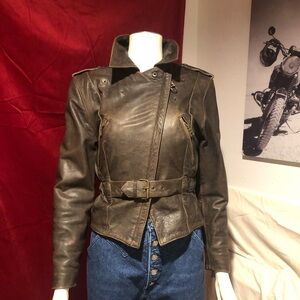 Women's Oakwood Flying Bikes Brown Leather Moto Jacket with Waist Belt